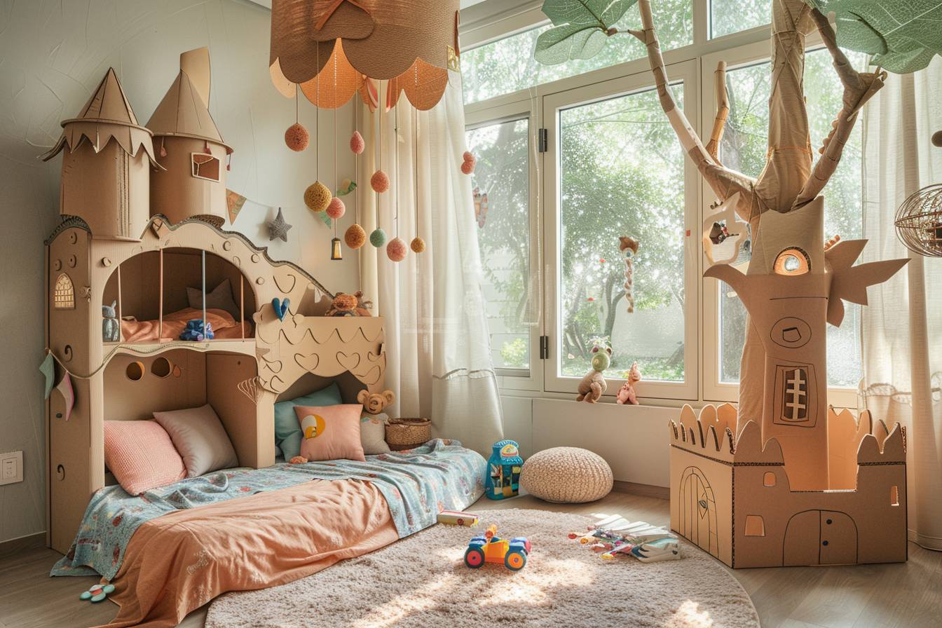 Idées créatives pour décorer la chambre d'enfant avec des matériaux recyclés, montrant un espace ludique et écologique