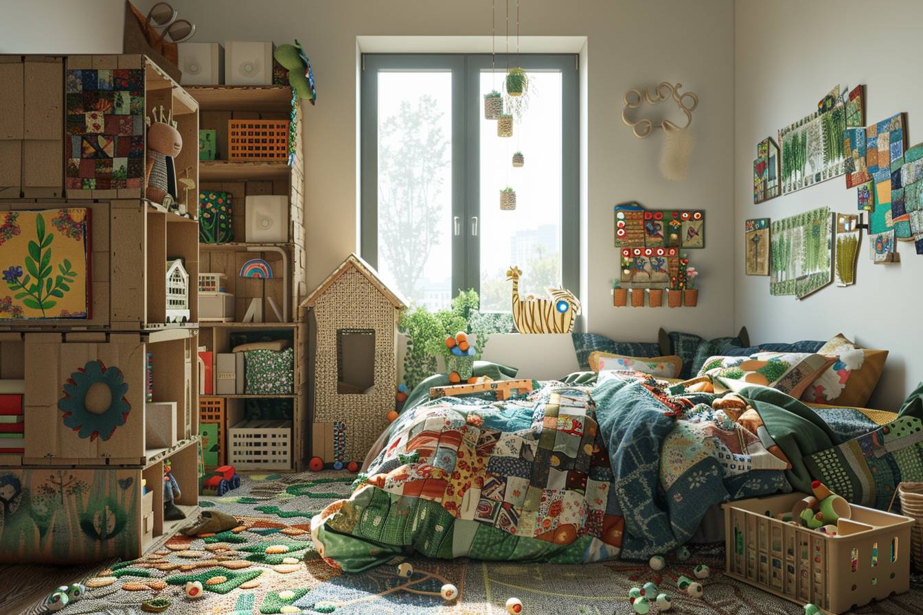 Idées créatives pour décorer une chambre d'enfant avec des matériaux recyclés, montrant un espace coloré et écologique